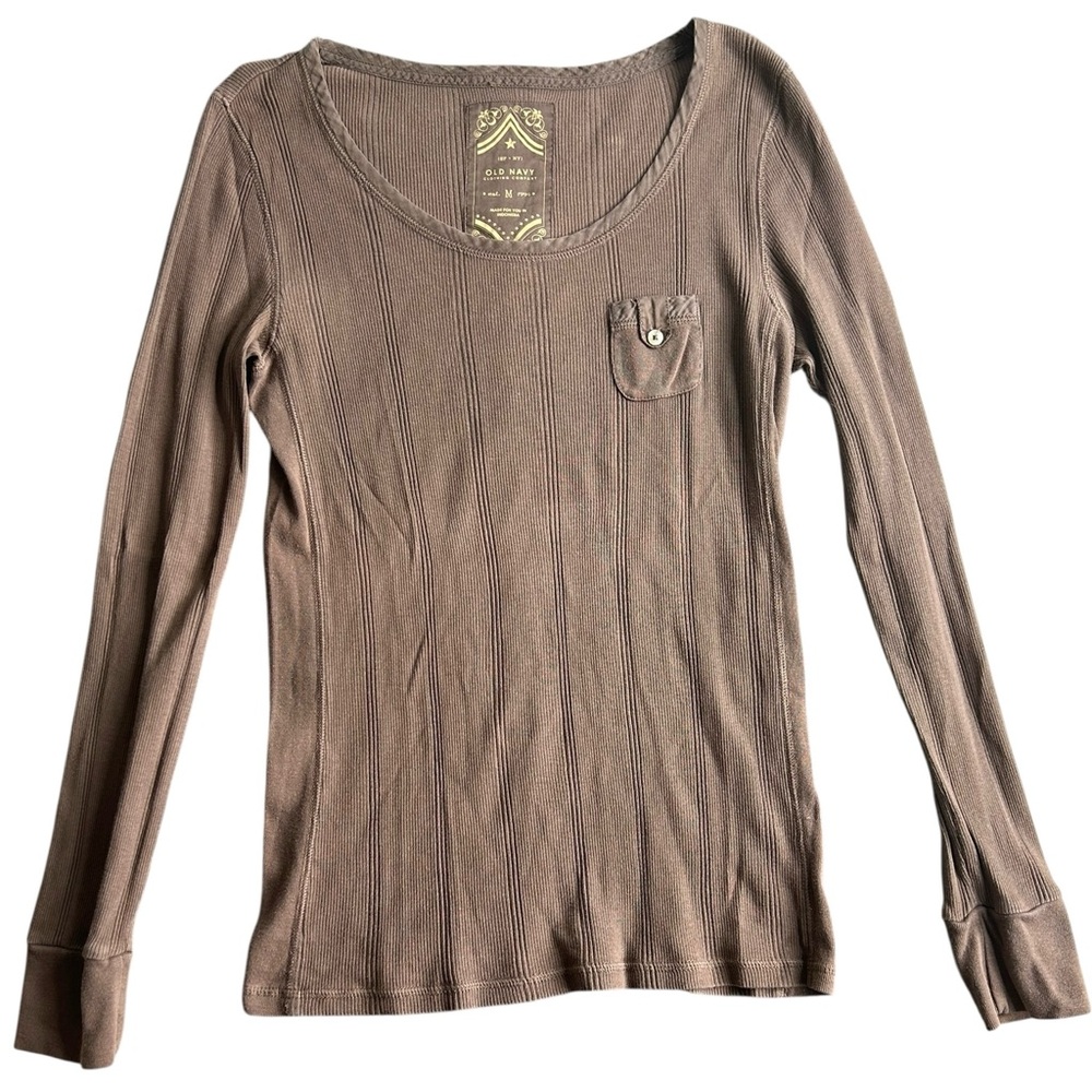 Old Navy Ribbed Long Sleeve Top Women’s Size M Brown Button Chest‎ Pocket